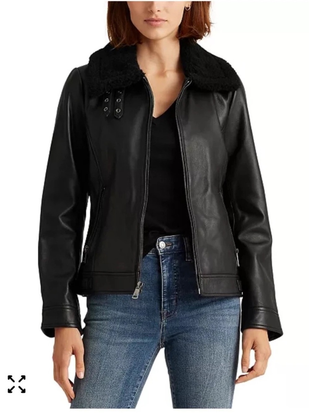 Lauren Ralph Lauren Black Faux Leather Jacket with Shearling Collar